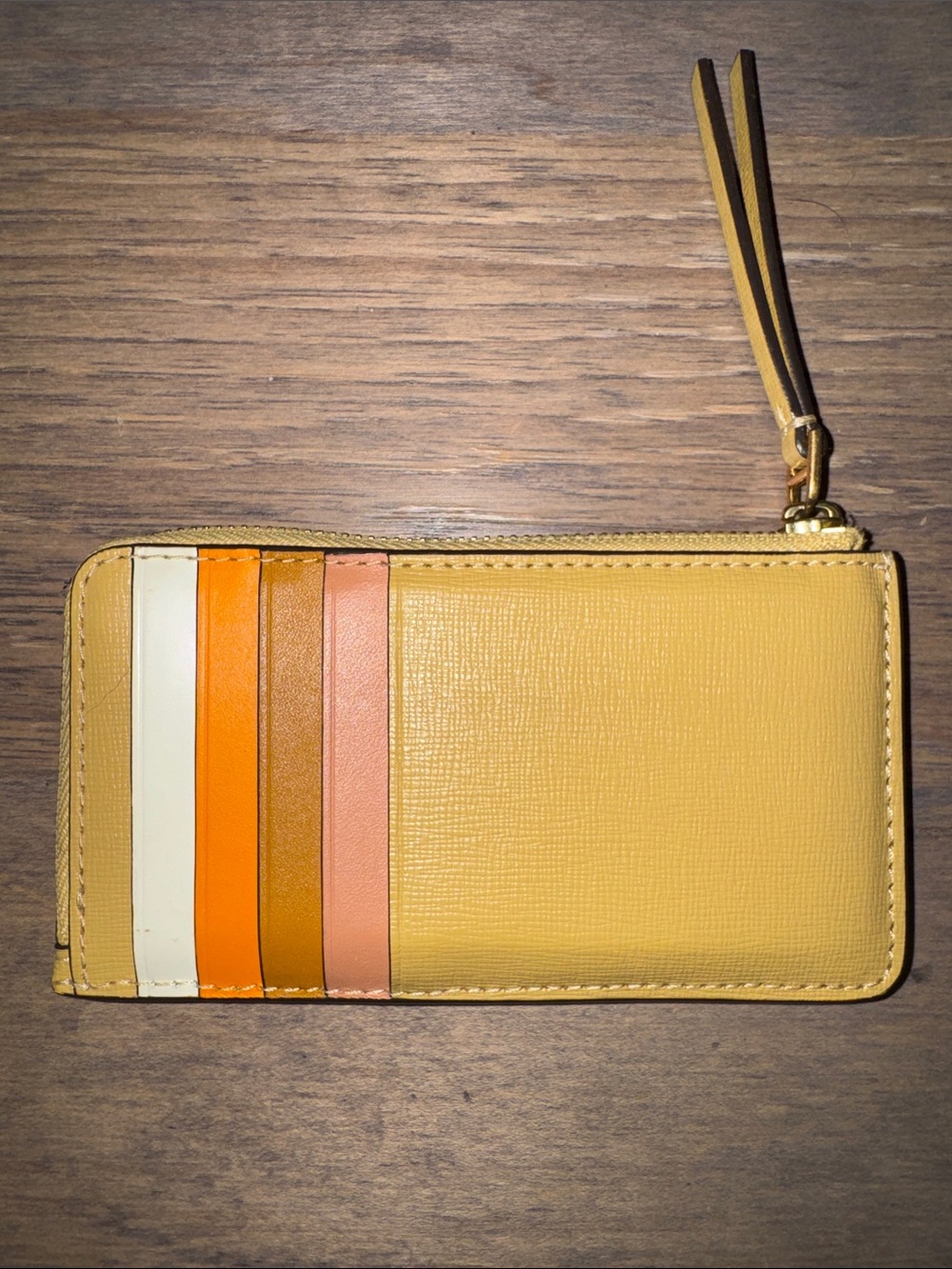 Tory Burch Mustard Yellow Zip Card Case with Multicolor Stripe Slots - Picture 2 of 4